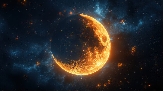  A crescent moon glowing softly, symbolizing change and time, set against a starry night sky with faint constellations in the background. - Powered by Adobe