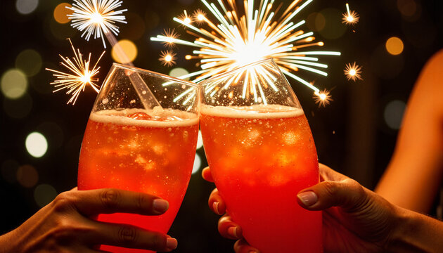 Joyful celebration with drinks and fireworks, festive atmosphere