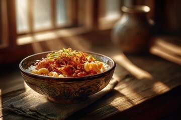 Egyptian food koshary dish. Koshary dish served in a rustic bowl, featuring layers of pasta, lentils, rice, and crispy onions, beautifully arranged with natural light illuminating the scene