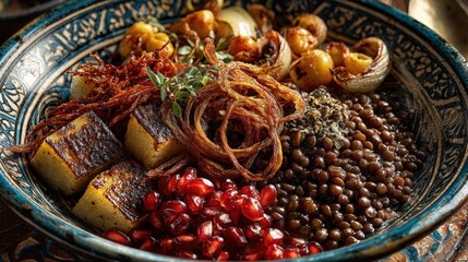 Fototapeta premium Egyptian food koshary dish. Koshary dish featuring lentils, rice, pasta, and crispy onions served in a traditional bowl, showcasing vibrant colors and rich textures for culinary delight