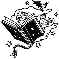 Magical book with fantasy creatures and stars