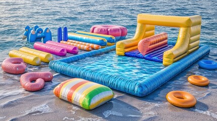 Colorful inflatable water park fun on the beach