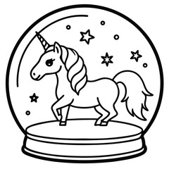 Cute unicorn in a snow globe coloring page