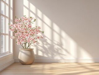 flower tree, sakura in a large pot on the floor in a bright empty room by the window, minimalism