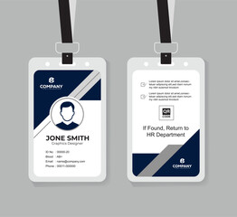 Modern Navy Blue and White ID Card Design Template with QR Code for Company Staff and Employee