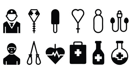 Black and white medical icons depicting healthcare treatment and related concepts