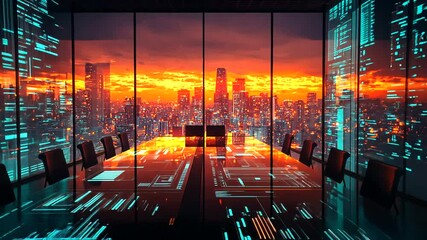 Futuristic conference room overlooking a vibrant sunset cityscape, showcasing digital overlays