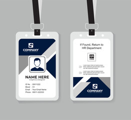 Modern Navy Blue and White ID Card Design Template with QR Code for Company Staff and Employee