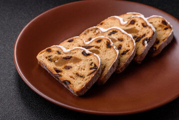 Christmas Stollen, a German sweet cake with marzipan and fruit. Winter Christmas Stollen