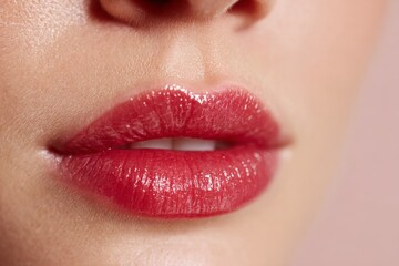 Fototapeta premium Close-up of red glossy lips with natural skin texture and slight shimmer