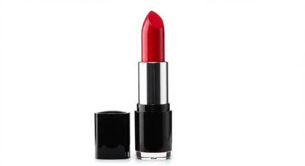 Obraz premium Glossy lipstick in red color, opened, makeup product photography, transparent background