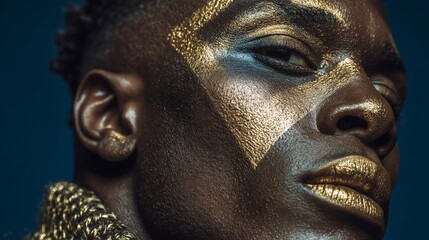 Close-up of a Black man with rich dark skin and geometric gold face paint, wearing metallic gold lipstick and textured accessories