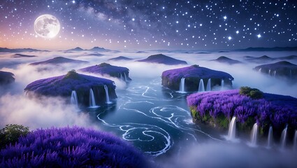 Magical Night Landscape with Purple Islands, Waterfalls, Moon, and Stars