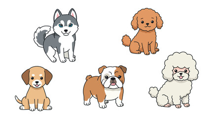 Cute cartoon dogs collection featuring husky, poodle, bulldog, and more for design use vector illustration