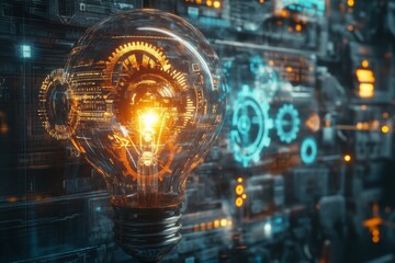 Illuminated Bulb with Mechanical Interior Design, Modern Technology, Innovation and Futuristic Concept