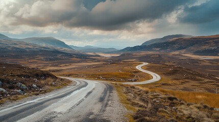 Winding road through a scenic highland landscape.  Vast, autumnal valley