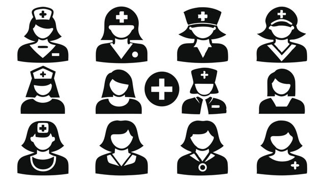 Collection of black and white nurse icons and symbols representing healthcare professionals and medicine