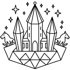 Fantasy castle illustration with crystals and horses