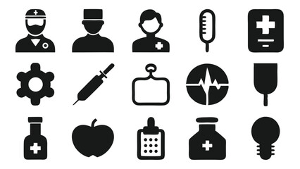 Collection of healthcare icons representing medicine treatment and medical professionals silhouettes