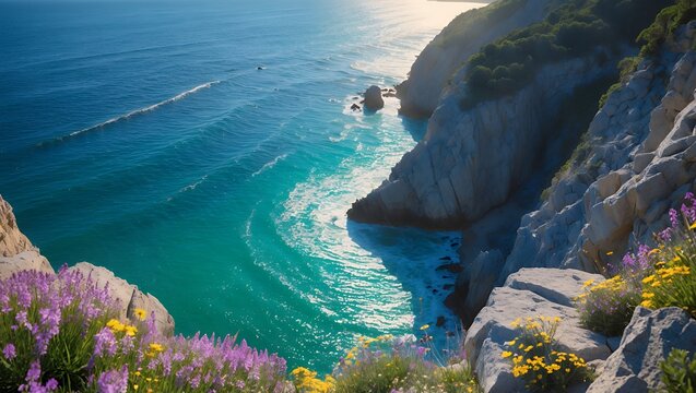 Ocean View from Cliffside with Wildflowers on Rocky Coastline - Powered by Adobe