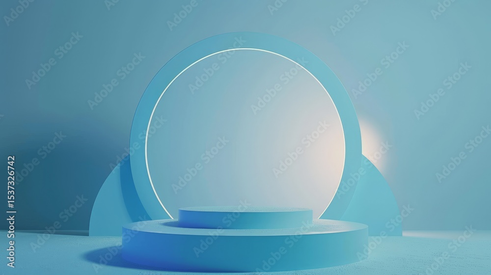 Poster Elegant Blue Minimalist Product Display Stand Design featuring a circular backdrop and platform for showcasing items.