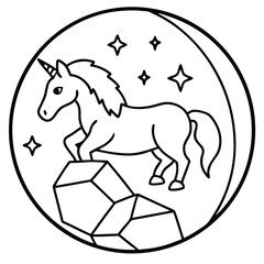 Line art unicorn on crystal rock with stars