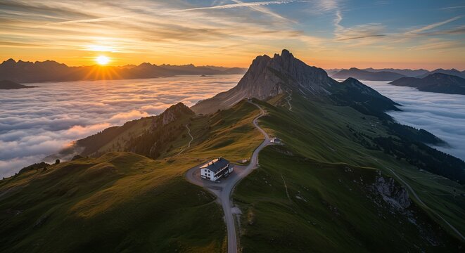 Mountain ridge road leading to a peak under a golden sunrise with sea of clouds, mountain, peak, sunrise, landscape, road, alpine, sea of clouds, fog, valley, travel, nature, adventure, scenic, panora