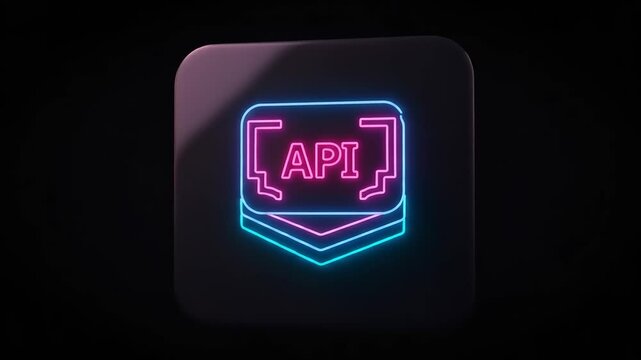 Neon API logo glowing against a dark background, symbolizing technology and connectivity