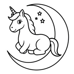 Cute cartoon unicorn sitting on crescent moon