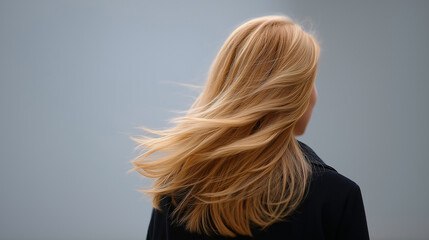 Obraz premium Blonde woman from behind with flowing hair in the wind against grey background. 