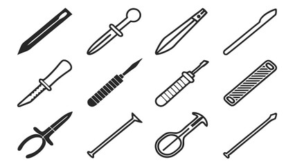 Naklejka premium Collection of various surgical and medical instruments illustrated in a minimalist black and white style
