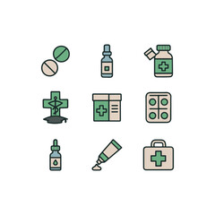 Set of 9 Pharmacy Vector Icons – Prescription Drugs, Pill Bottle, Mortar and Pestle, Medicine Dropper, and Healthcare Essentials