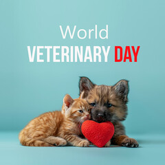 Orange Kitten and Brown Puppy Sharing a Red Heart Plush on World Veterinary Day