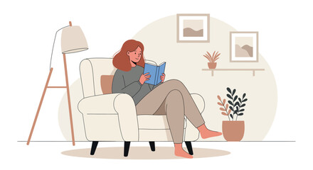 Relaxed woman reading book in cozy living room interior scene vector illustration