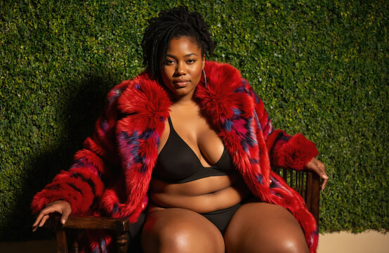 Plus size Black woman poses in black bra and panty with red fur coat. Curvy model sits against grass wall. Fashion, body positivity, diversity, self-love concepts. Confident female luxury style.