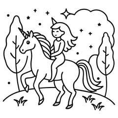 Girl riding a unicorn in a magical forest