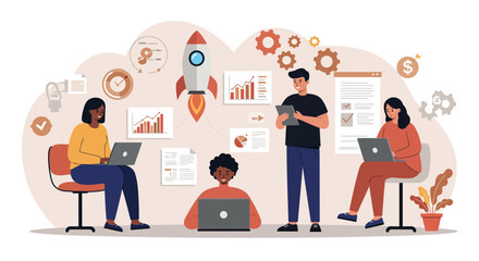 Team collaboration and project management with technology in modern workspace vector illustration