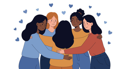 Diverse friendship and unity celebration with happy friends embracing and smiling together vector illustration