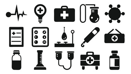 Set of black and white medical icons representing healthcare and medicine elements