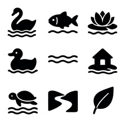 Obraz premium Houseboat Icons Grid. Solid, filled icons set of houseboats and cozy floating homes: warm light, boat house,