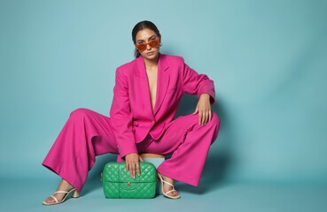 Full body fashion portrait of woman wearing trendy pink suit with classic blazer, wide leg trousers and orange glasses, strappy sandals, holding green quilted bag. Summer style.