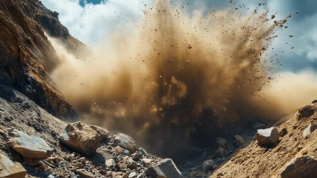 Rock slide in mountain area. Brown dust cloud, earth and rocks exploding. Large rocks and loose debris. Dramatic sky in background. Destruction concept.