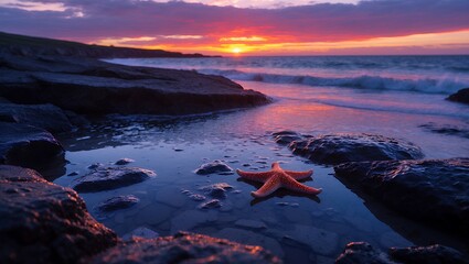 Starfish Resting in Tide Pool at Sunset on Rocky Shoreline
