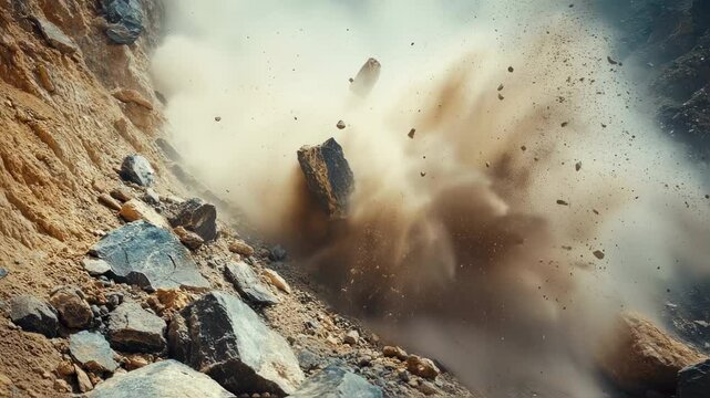 Rock slide with falling stones and dust on mountain. Natural disaster causing rocks and soil to collapse with cloud of fine sand.