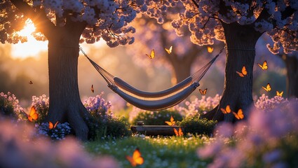 Hammock Resting Between Trees in Blossoming Meadow at Golden Hour