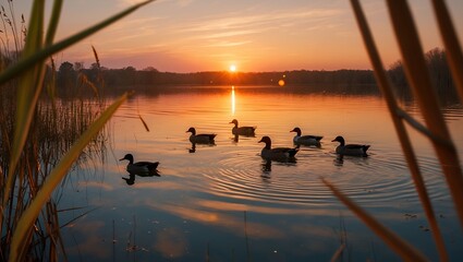 Ducks Swim at Lake During Golden Sunset with Water Reflection