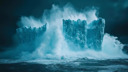 Ocean waves crash iceberg against large ice formation. White foam spreads across the dark water. Moody sky and rough seas create dramatic scenery. - Powered by Adobe