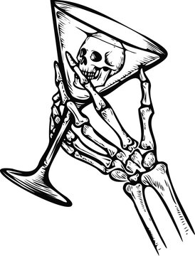 Skeleton hand holding martini glass with skull inside, halloween drink illustration art silhouette