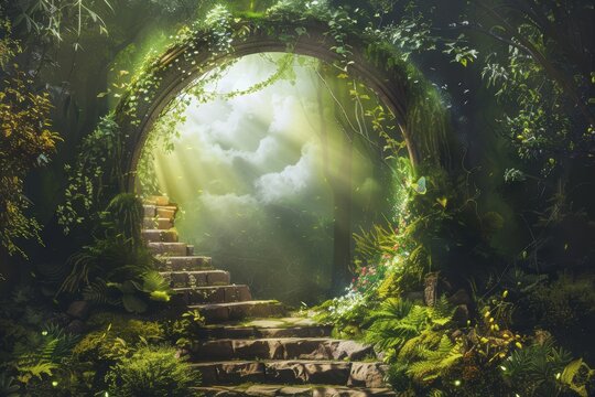 Ancient stone staircase in lush forest with arch. AI-generated.