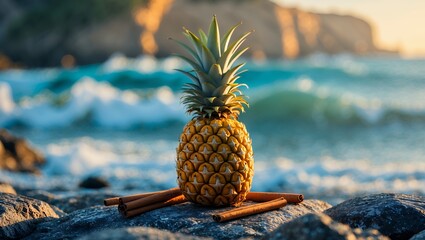 Pineapple with cinnamon sticks on rocky beach with ocean view
